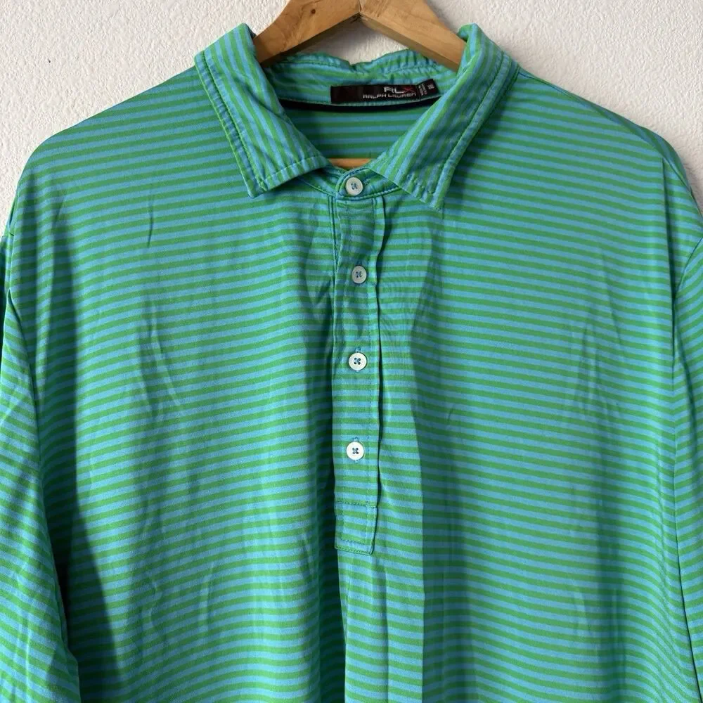RLX Ralph Lauren Polo Shirt Mens 2XL Green Blue Striped Golf Short Sleeve
